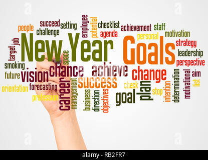 New Year Goals word cloud hand sphere concept on white background. Stock Photo