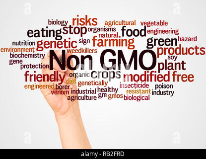 Non GMO word cloud and hand with marker concept on white background. Stock Photo