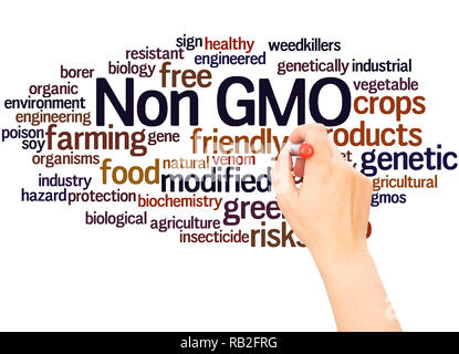 Non GMO word cloud hand writing concept on white background. Stock Photo