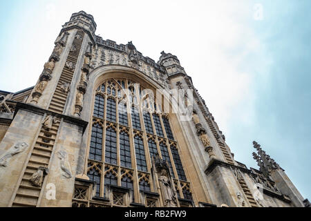 Bath, England - September 22, 2018: Close up of the iconic landmark Abbey of the city of Bath in England.