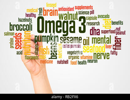 Omega 3 word cloud and hand with marker concept on white background. Stock Photo
