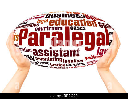 Paralegal word cloud hand sphere concept on white background. Stock Photo