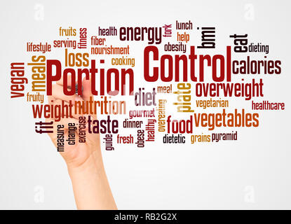 Portion Control word cloud and hand with marker concept on white background. Stock Photo