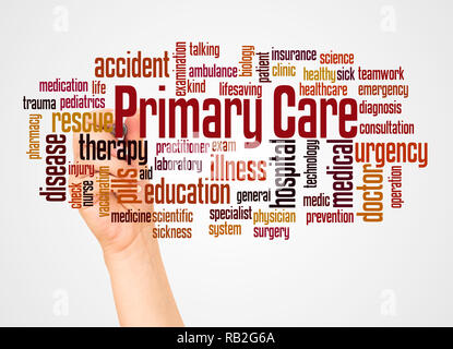 Primary care word cloud and hand with marker concept on white background. Stock Photo