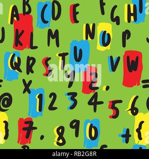 Colorful Letters and Numbers Hand Drawn Seamless Pattern on Green. Black, Yellow, Red, Blue Stock Vector