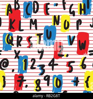 Bold Letters and Numbers Hand Drawn Seamless Pattern on White Background with Red Stripes Stock Vector