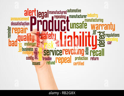 Product Liability word cloud and hand with marker concept on white background. Stock Photo