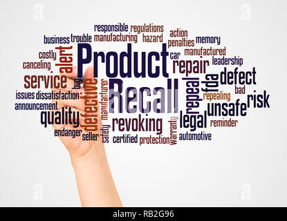Product Recall word cloud and hand with marker concept on white background. Stock Photo