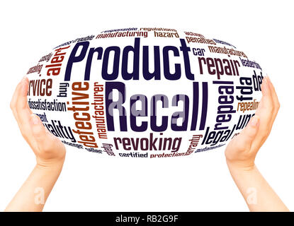Product Recall word cloud hand sphere concept on white background. Stock Photo