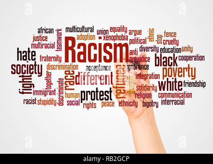 Racism word cloud and hand with marker concept on white background. Stock Photo