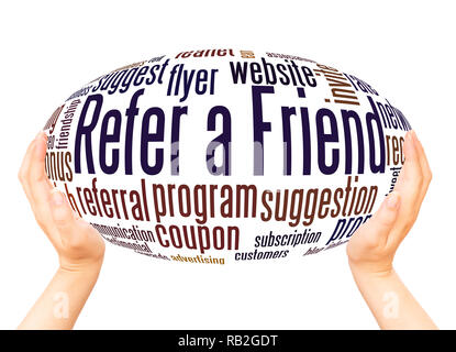 Refer a Friend word cloud hand sphere concept on white background. Stock Photo