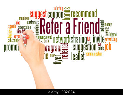 Refer a Friend word cloud hand writing concept on white background. Stock Photo