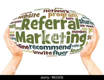 Referral Marketing word cloud hand sphere concept on white background. Stock Photo