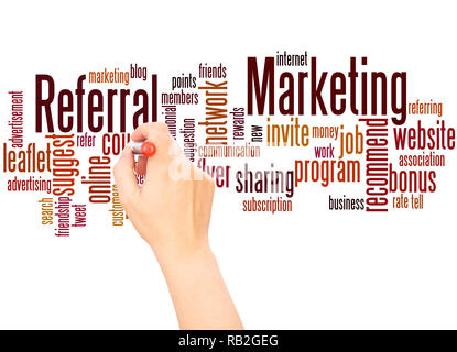 Referral Marketing word cloud hand writing concept on white background. Stock Photo