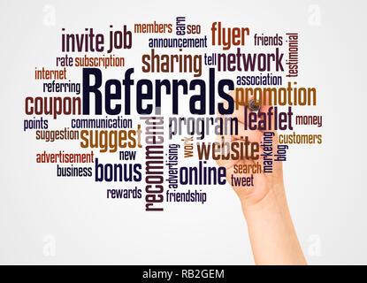 Referrals word cloud and hand with marker concept on white background. Stock Photo
