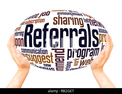 Referrals word cloud hand sphere concept on white background. Stock Photo