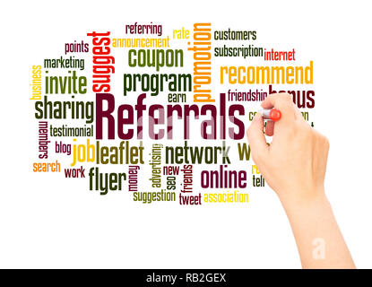 Referrals word cloud hand writing concept on white background. Stock Photo