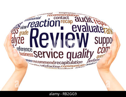 Review word cloud hand sphere concept on white background. Stock Photo