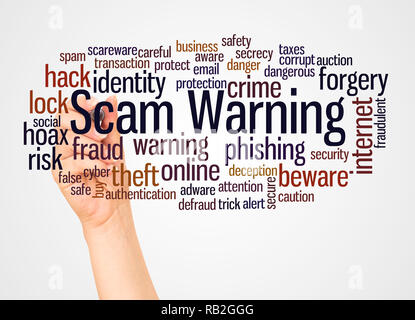 Scam Warning word cloud and hand with marker concept on white background. Stock Photo