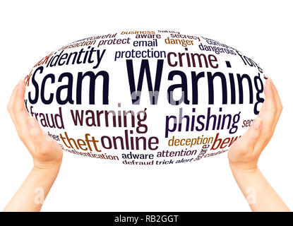 Scam Warning word cloud hand sphere concept on white background. Stock Photo