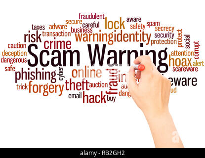 Scam Warning word cloud hand writing concept on white background. Stock Photo