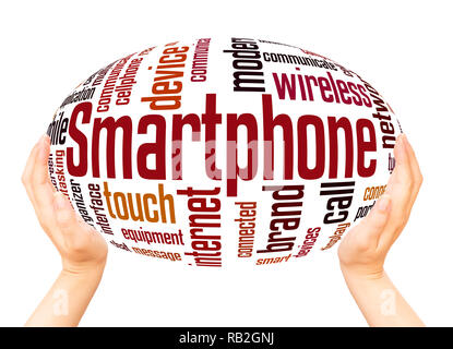 Smartphone word cloud hand sphere concept on white background. Stock Photo