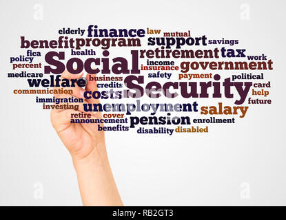 Social Security word cloud and hand with marker concept on white background. Stock Photo