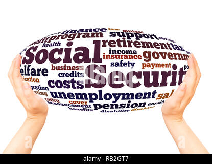 Social Security word cloud hand sphere concept on white background. Stock Photo
