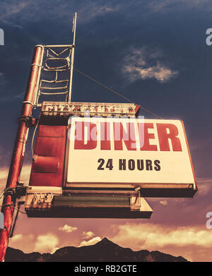 Retro Vintage Image Of Old Motel And Diner Sign In Small Town USA Stock Photo