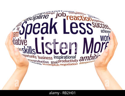 Speak Less Listen More word cloud hand sphere concept on white background. Stock Photo