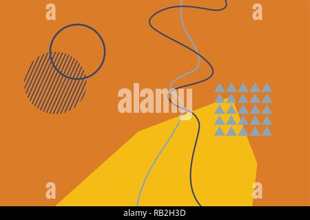 Abstract background pattern made with geometric shapes in Memphis style. Modern vector art. Yellow, grey and dark blue colors on orange background. Stock Vector