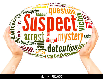 Suspect word cloud hand sphere concept on white background. Stock Photo