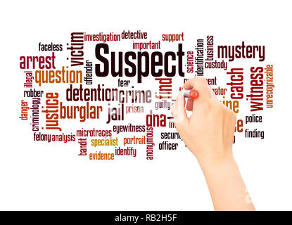 Suspect word cloud hand writing concept on white background. Stock Photo