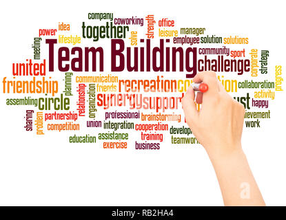 Team building word cloud hand writing concept on white background. Stock Photo