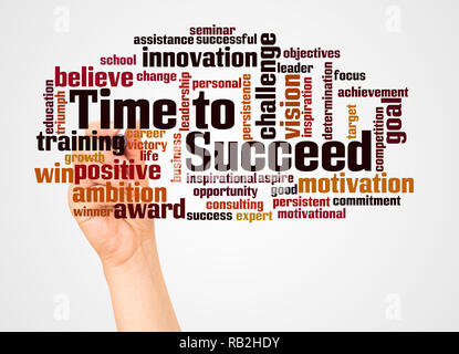 Time to Succeed word cloud and hand with marker concept on white background. Stock Photo