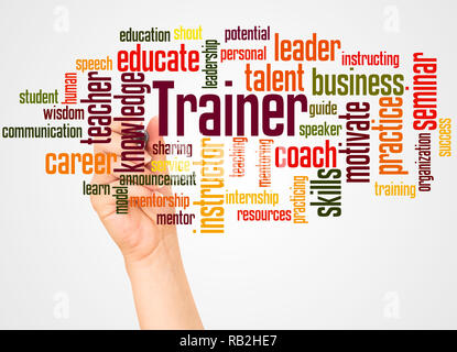 Trainer word cloud and hand with marker concept on white background. Stock Photo