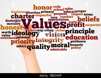 Values word cloud and hand with marker concept on white background. Stock Photo