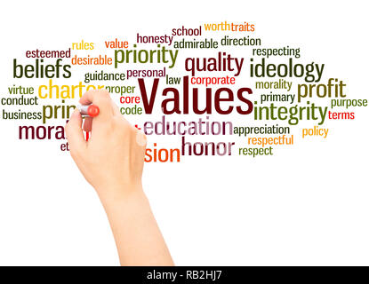 Values word cloud hand writing concept on white background. Stock Photo