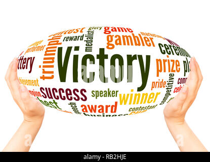Victory word cloud hand sphere concept on white background. Stock Photo