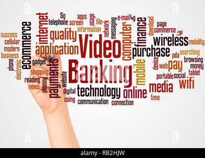 Video banking word cloud and hand with marker concept on white background. Stock Photo