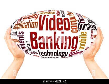 Video banking word cloud hand sphere concept on white background. Stock Photo