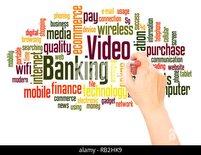 Video banking word cloud hand writing concept on white background. Stock Photo