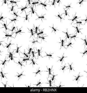 Random Ant Seamless Pattern Representing Teamwork. Black and White Stock Vector
