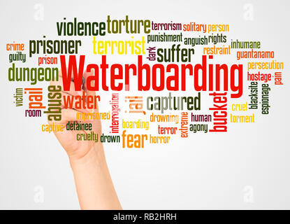 Waterboarding word cloud and hand with marker concept on white background. Stock Photo