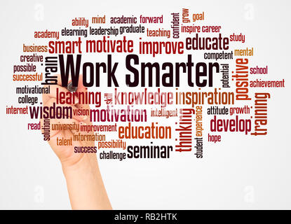 Work Smarter word cloud and hand with marker concept on white background. Stock Photo