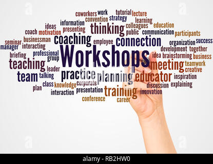 Workshops word cloud and hand with marker concept on white background. Stock Photo
