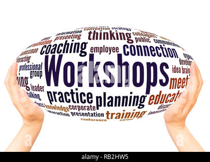 Workshops word cloud hand sphere concept on white background. Stock Photo