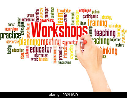 Workshops word cloud hand writing concept on white background. Stock Photo