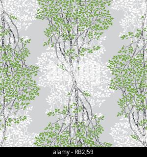 Green Birch Trees Decorative Drawing Seamless Pattern on Grey background Stock Vector