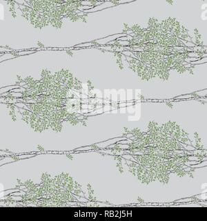 Endless Green Birch Trees Drawing Seamless Pattern on Grey Background Stock Vector